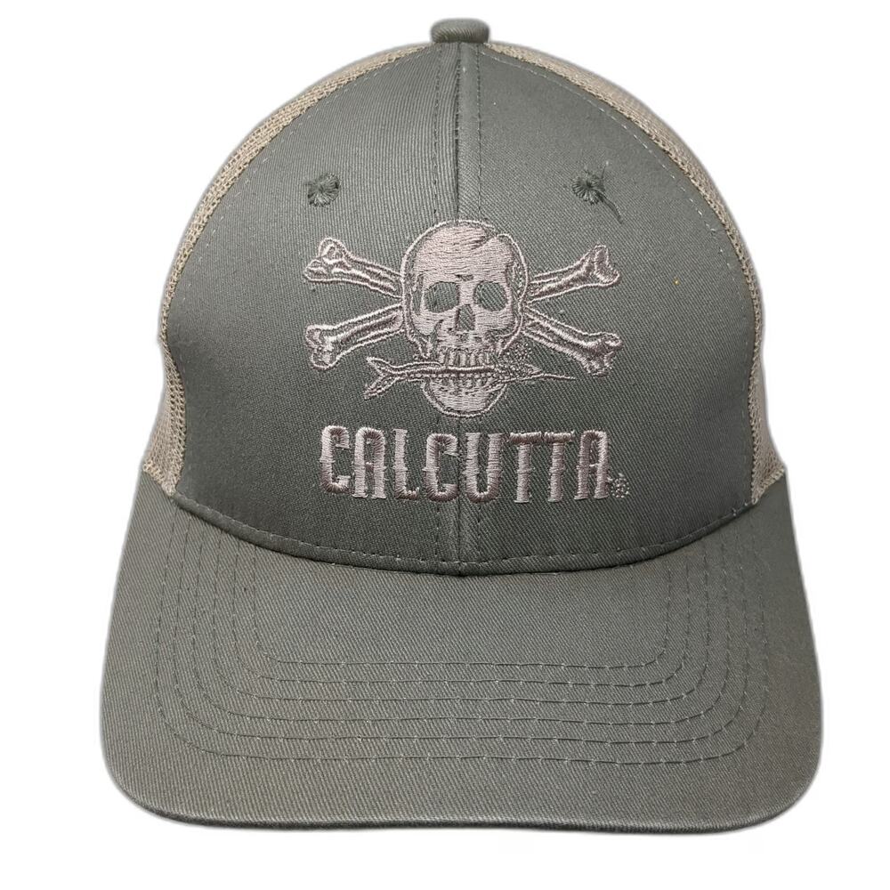 Calcutta Trucker Hat Gray Beige One Size Skull Crossbones Fish Mesh Snapback